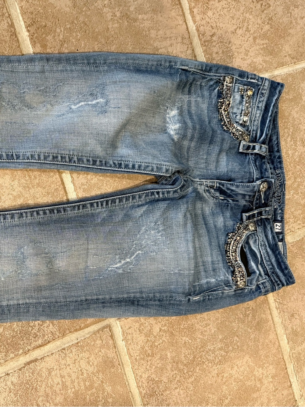 Miss Me Light Blue Bootcut Jeans with Beaded Pocket Trim size 27